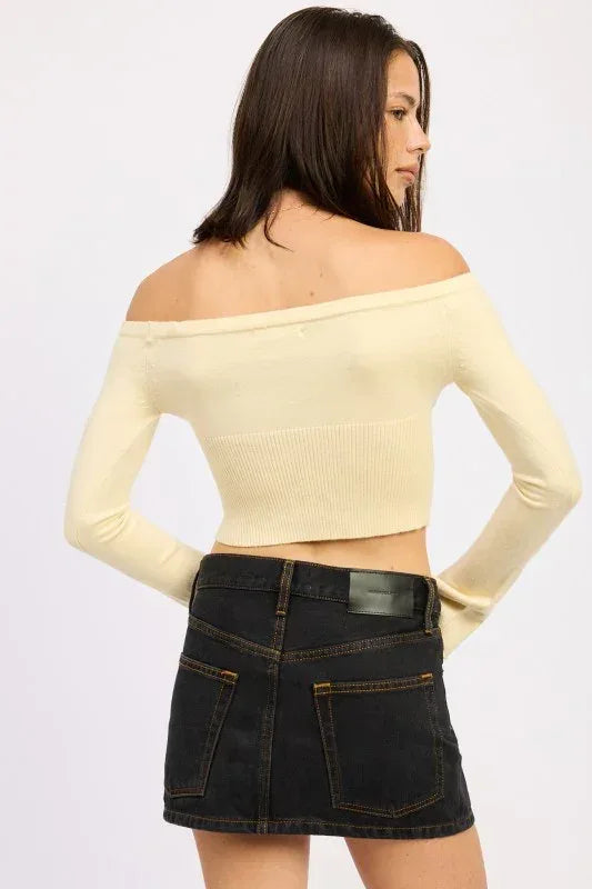 Off Shoulder Crop Top - Long Sleeve Ribbed Bardot Style - DAVERRI FASHIONS