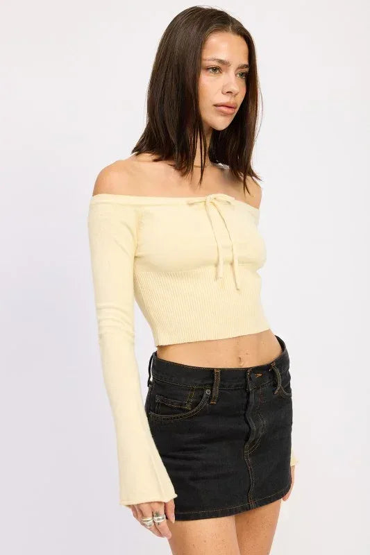 Off Shoulder Crop Top - Long Sleeve Ribbed Bardot Style - DAVERRI FASHIONS