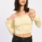 Off Shoulder Crop Top - Long Sleeve Ribbed Bardot Style - DAVERRI FASHIONS