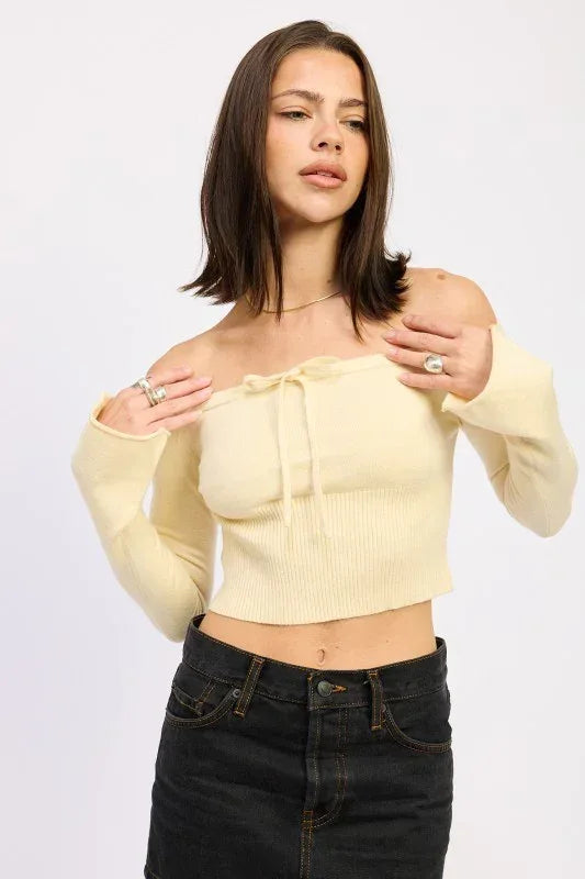 Off Shoulder Crop Top - Long Sleeve Ribbed Bardot Style - DAVERRI FASHIONS