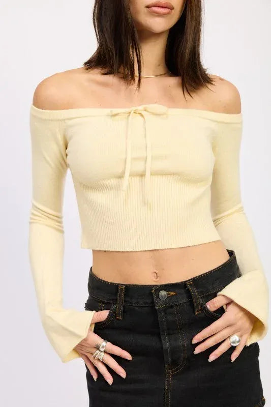 Off Shoulder Crop Top - Long Sleeve Ribbed Bardot Style - DAVERRI FASHIONS