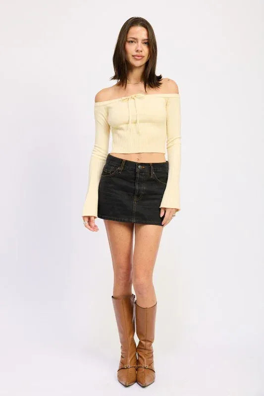 Off Shoulder Crop Top - Long Sleeve Ribbed Bardot Style - DAVERRI FASHIONS
