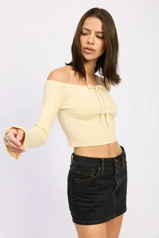 Off Shoulder Crop Top - Long Sleeve Ribbed Bardot Style - DAVERRI FASHIONS