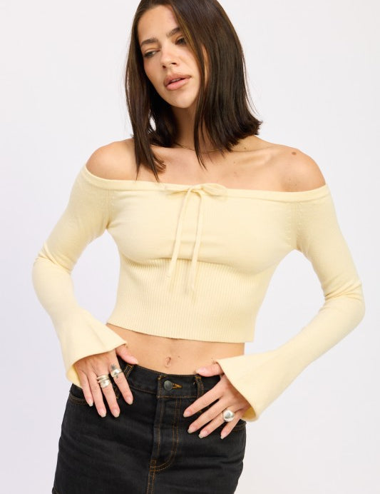 IVORY Off Shoulder Crop Top - Long Sleeve Ribbed Bardot Style | Crop Tops Daverri Fashions