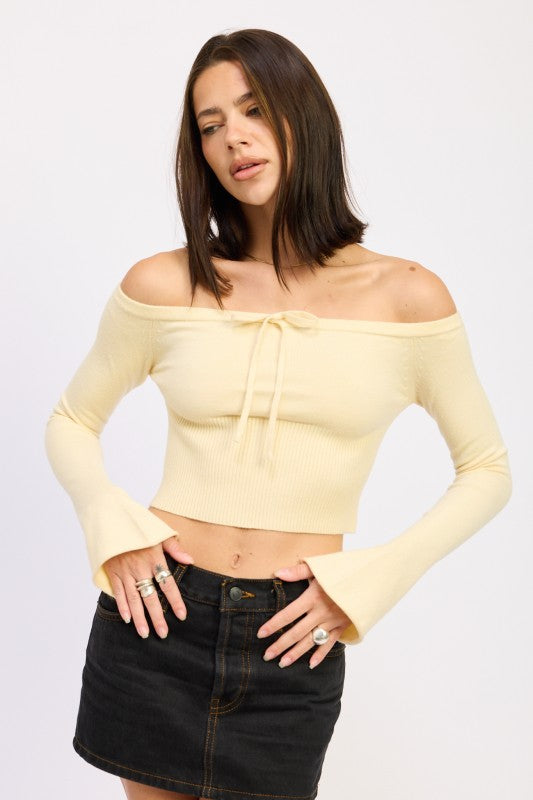 IVORY Off Shoulder Crop Top - Long Sleeve Ribbed Bardot Style | Crop Tops Daverri Fashions