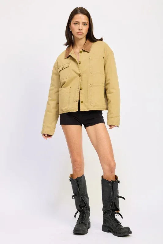 Combo Chore Jacket with Pockets - DAVERRI FASHIONS