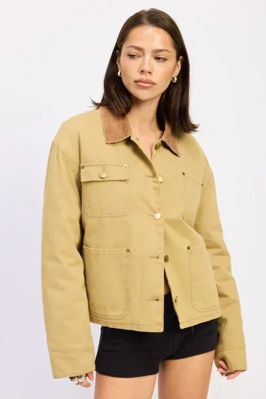 Combo Chore Jacket with Pockets - DAVERRI FASHIONS