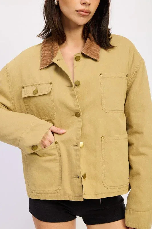 Combo Chore Jacket with Pockets - DAVERRI FASHIONS