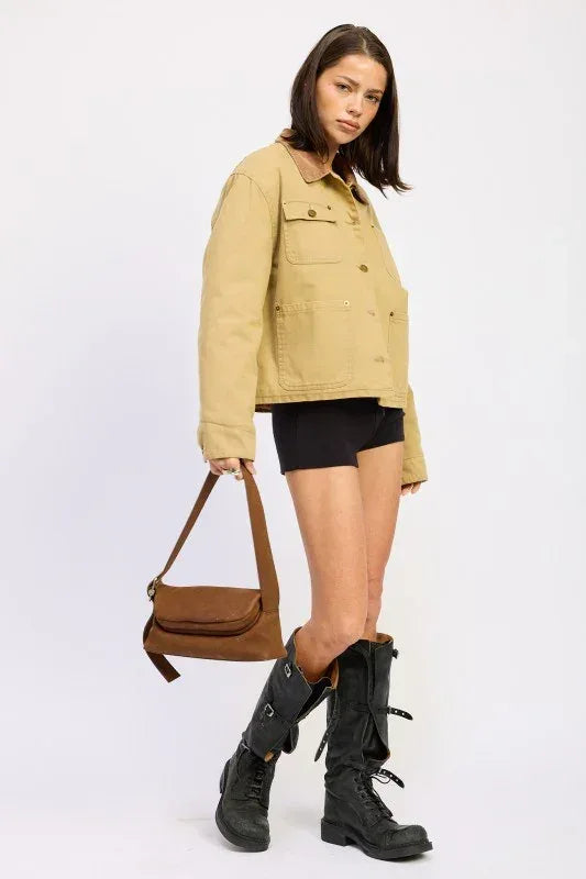 Combo Chore Jacket with Pockets - DAVERRI FASHIONS