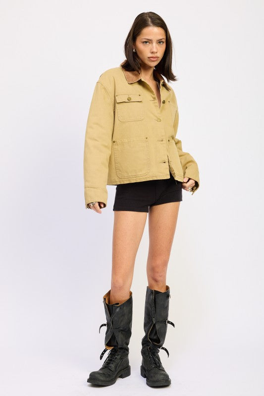 Combo Chore Jacket with Pockets | Jackets Daverri Fashions
