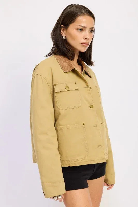 Combo Chore Jacket with Pockets - DAVERRI FASHIONS