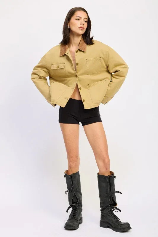 Combo Chore Jacket with Pockets - DAVERRI FASHIONS