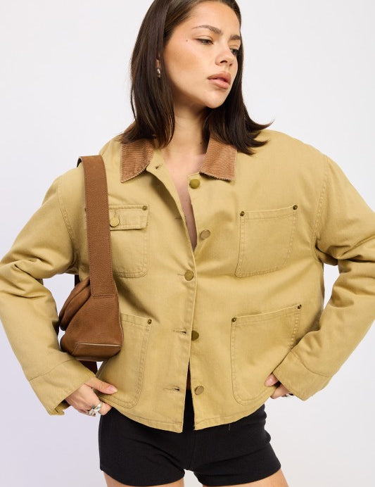 OLIVE KHAKI Combo Chore Jacket with Pockets | Jackets Daverri Fashions