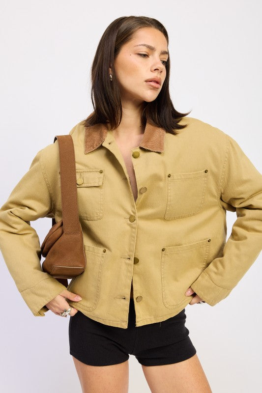 OLIVE KHAKI Combo Chore Jacket with Pockets | Jackets Daverri Fashions