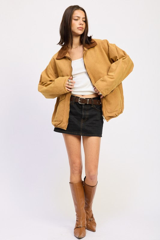 CONTRASTED COLLAR JACKET WITH POCKETS