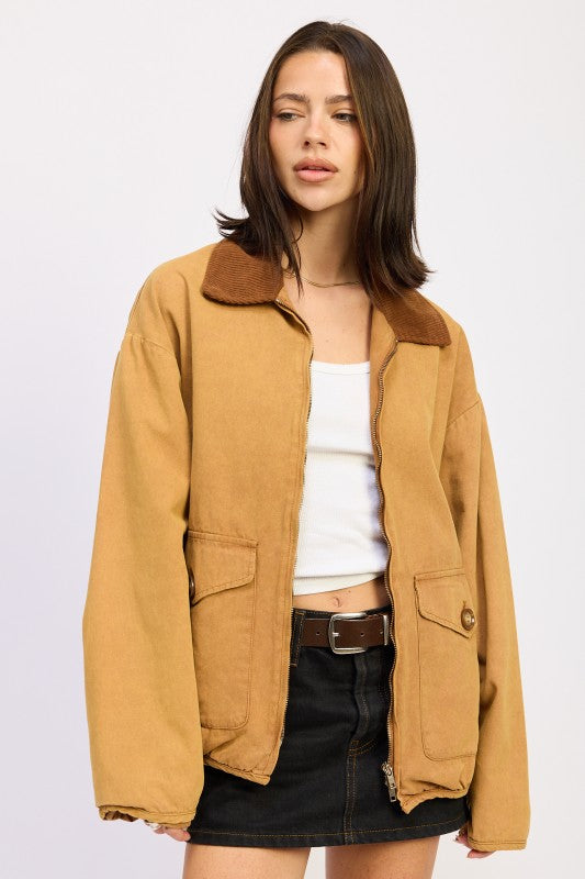 CONTRASTED COLLAR JACKET WITH POCKETS COCO BROWN