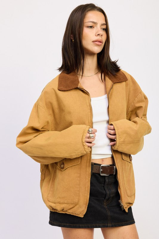 CONTRASTED COLLAR JACKET WITH POCKETS