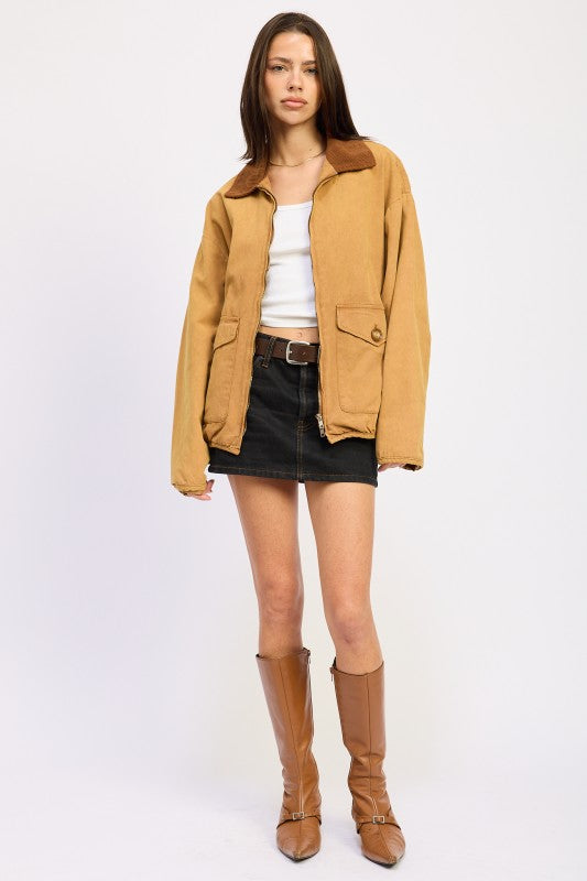 CONTRASTED COLLAR JACKET WITH POCKETS