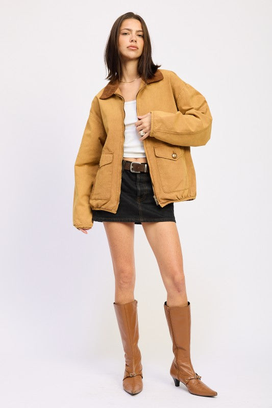 CONTRASTED COLLAR JACKET WITH POCKETS