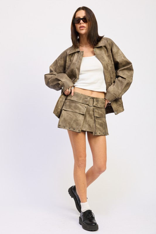 LOW RISE CARGO SUEDE MINI SKIRT DK BROWN WASH