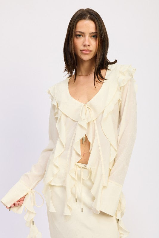 TIE FRONT RUFFLE TOP CREAM
