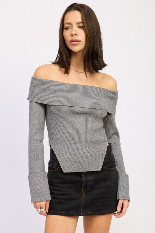RIBBED OFF SHOULDER SWEATER WITH ZIPPER CHARCOAL GREY