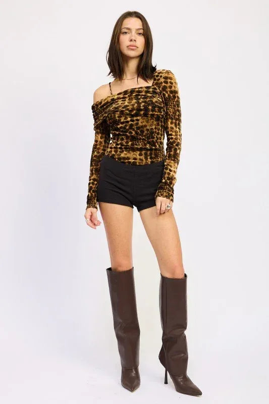 ANIMAL PRINT FLOCKING MESH ASYMMETRICAL BODYSUIT - DAVERRI FASHIONS