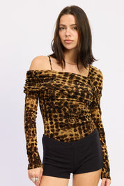 BROWN BLACK ANIMAL PRINT FLOCKING MESH ASYMMETRICAL BODYSUIT | Bodysuits Daverri Fashions