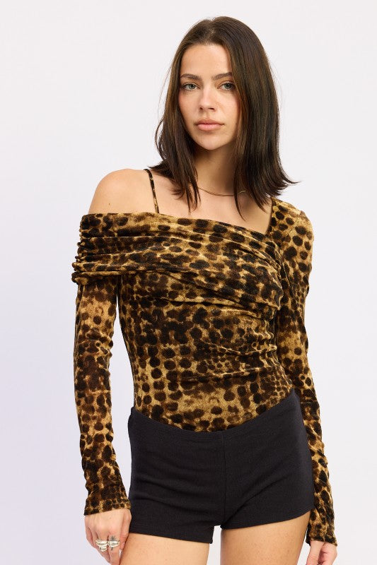 BROWN BLACK ANIMAL PRINT FLOCKING MESH ASYMMETRICAL BODYSUIT | Bodysuits Daverri Fashions