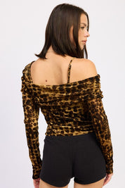 ANIMAL PRINT FLOCKING MESH ASYMMETRICAL BODYSUIT | Bodysuits Daverri Fashions