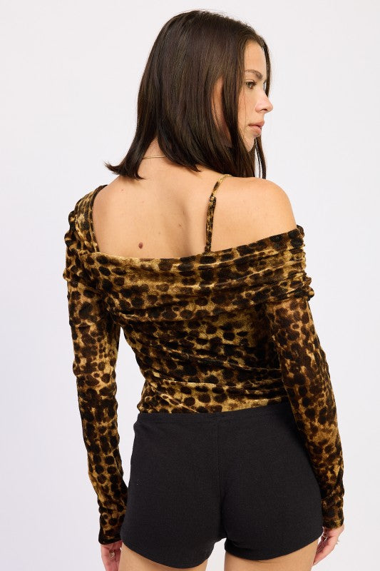 ANIMAL PRINT FLOCKING MESH ASYMMETRICAL BODYSUIT | Bodysuits Daverri Fashions