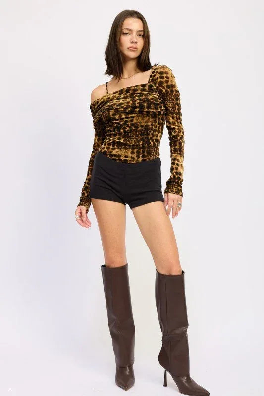 ANIMAL PRINT FLOCKING MESH ASYMMETRICAL BODYSUIT - DAVERRI FASHIONS