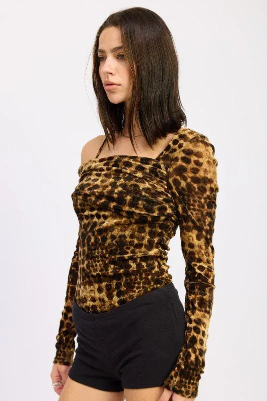 ANIMAL PRINT FLOCKING MESH ASYMMETRICAL BODYSUIT - DAVERRI FASHIONS