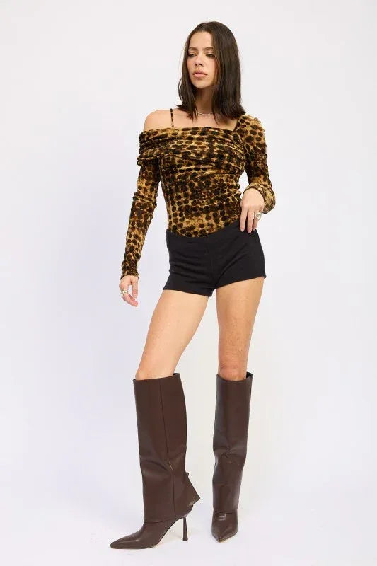 ANIMAL PRINT FLOCKING MESH ASYMMETRICAL BODYSUIT - DAVERRI FASHIONS