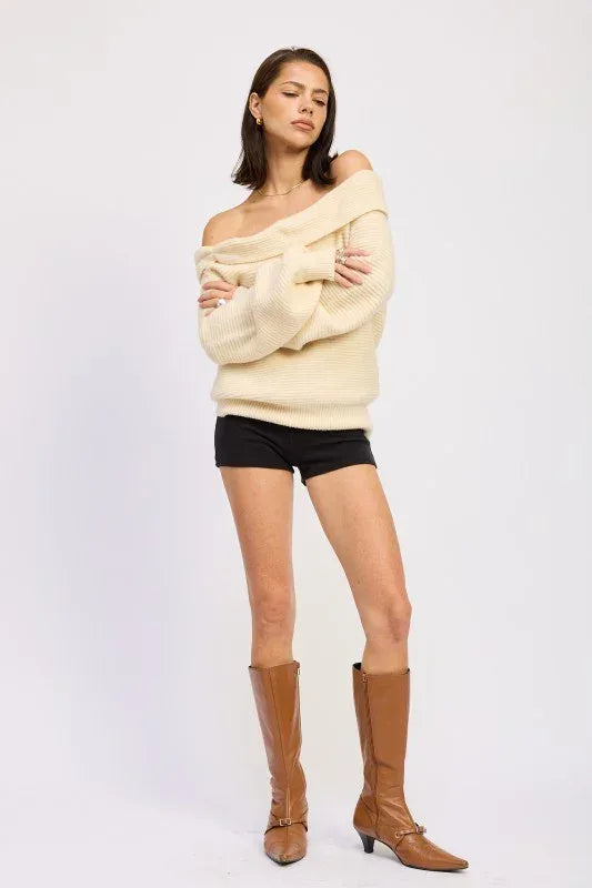 Rose Appliqué Off Shoulder Blouson Sweater - DAVERRI FASHIONS