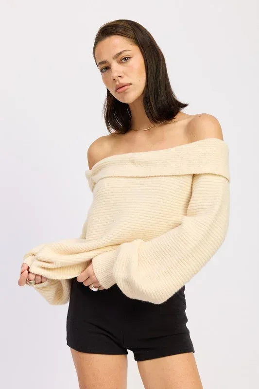 Rose Appliqué Off Shoulder Blouson Sweater - DAVERRI FASHIONS