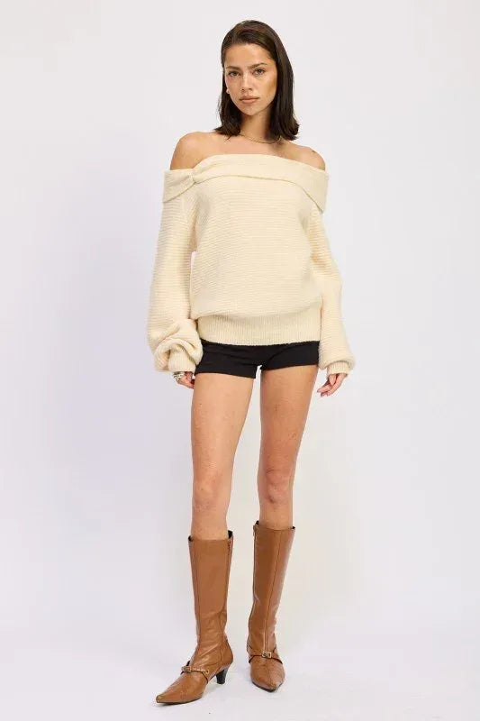 Rose Appliqué Off Shoulder Blouson Sweater - DAVERRI FASHIONS