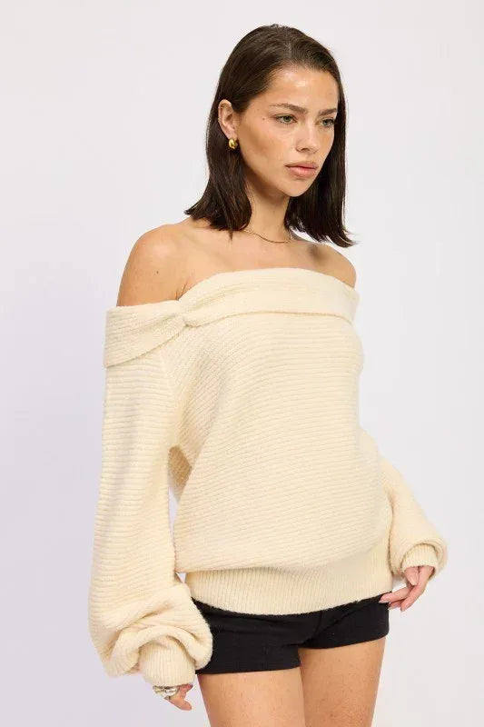 Rose Appliqué Off Shoulder Blouson Sweater - DAVERRI FASHIONS