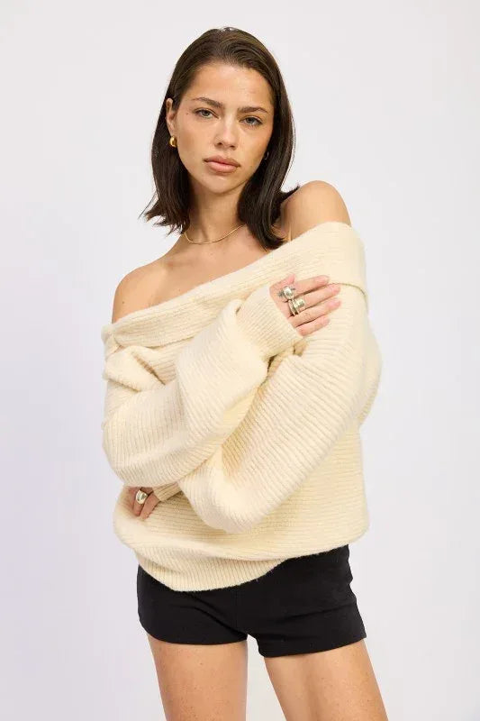 Rose Appliqué Off Shoulder Blouson Sweater - DAVERRI FASHIONS