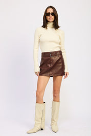 BURGUNDY PU SKIRT WITH BELT | Daverri Fashions