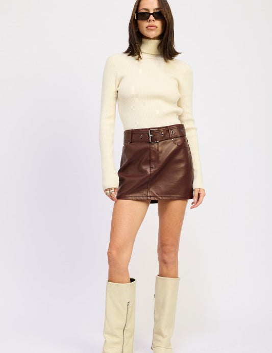 BURGUNDY PU SKIRT WITH BELT | Daverri Fashions