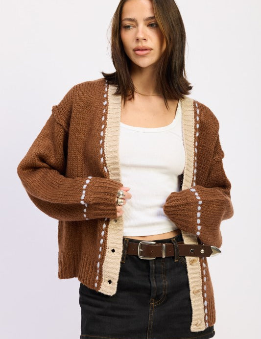 CHOCOLATE BUTTON DOWN CONTRASTED CARDIGAN | Cardigans Daverri Fashions