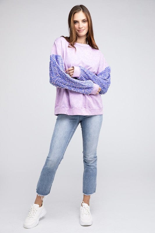 Velvet Sequin Sleeve Mineral Washed Top Shirts & Tops