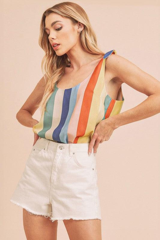 Aemi + Co Contrast Striped Scoop Neck Tie Shoulder Tank Blue Yellow Red M Tank Tops