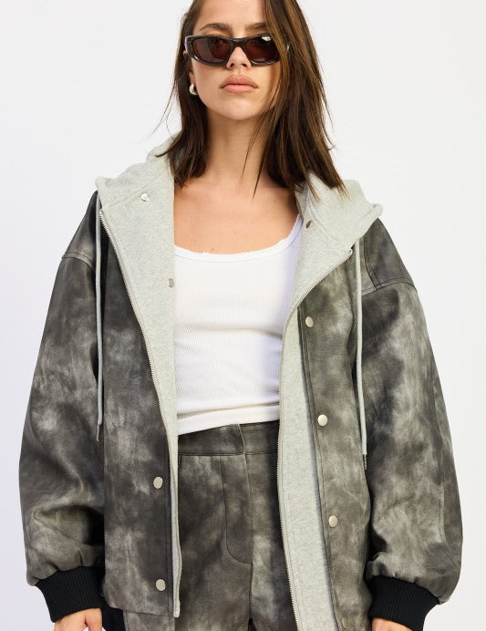 WASHED BLACK LEATHER MIX MEDIA BOMBER JACKET | Bomber Jackets Daverri Fashions