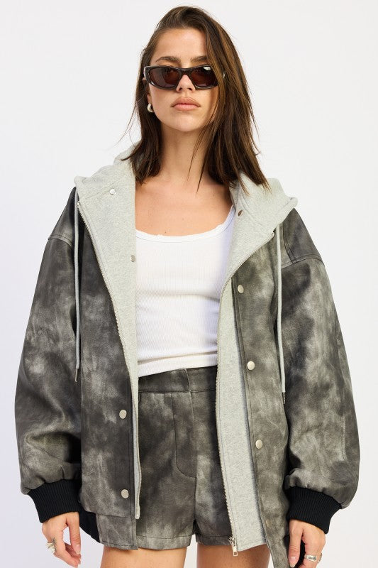 WASHED BLACK LEATHER MIX MEDIA BOMBER JACKET | Bomber Jackets Daverri Fashions