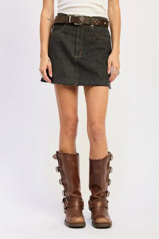 Mix Media Denim Mini Skirt with Pockets - DAVERRI FASHIONS