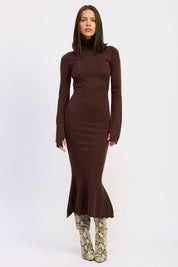 BROWN Turtle Neck Midi Dress with Back Cutout | Midi Dresses Daverri Fashions