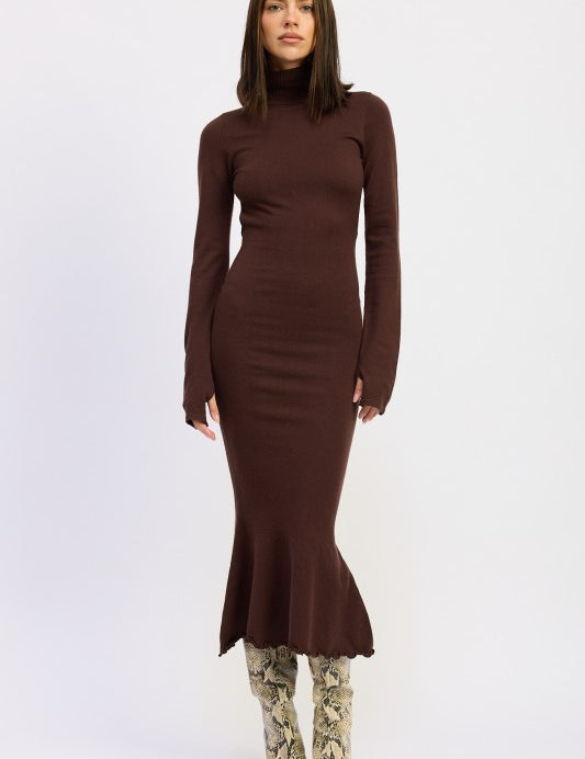BROWN Turtle Neck Midi Dress with Back Cutout | Midi Dresses Daverri Fashions