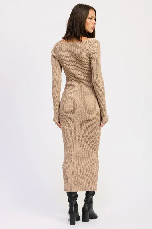 Halter Neck Long Sleeve Midi Dress - DAVERRI FASHIONS
